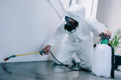 Technicien en désinsectisation appliquant un traitement anti-nuisibles en intérieur dans une habitation