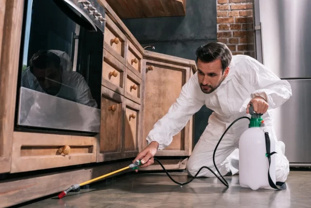 Technicien appliquant un traitement anti-cafards sous un meuble de cuisine dans une habitation
